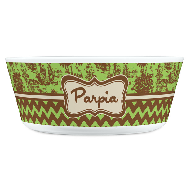Green & Brown Toile & Chevron Kids Bowls - FRONT