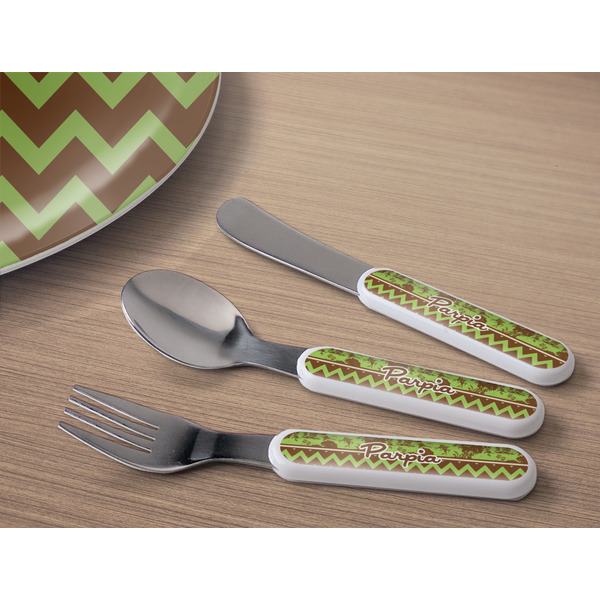 Green & Brown Toile & Chevron Kids Flatware w/ Plate