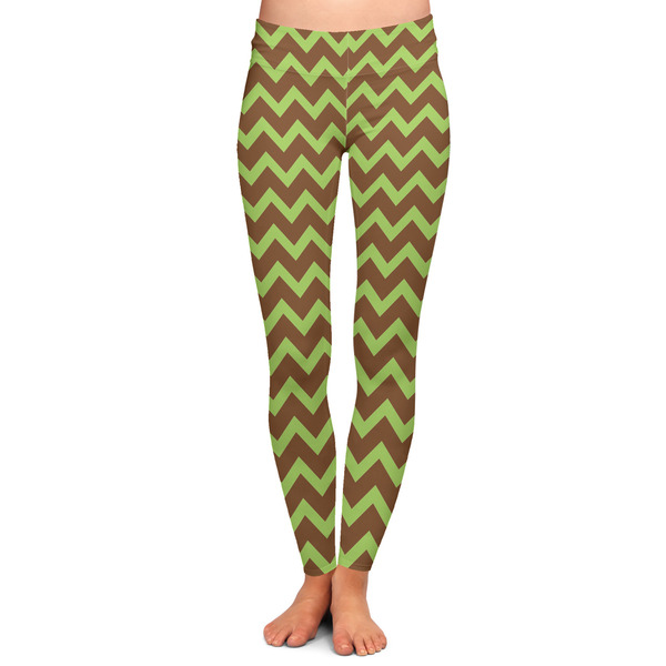 Custom Green & Brown Toile & Chevron Ladies Leggings - 2X-Large
