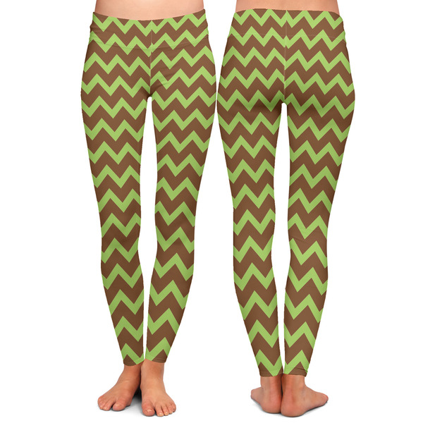 Green & Brown Toile & Chevron Ladies Leggings - Front and Back