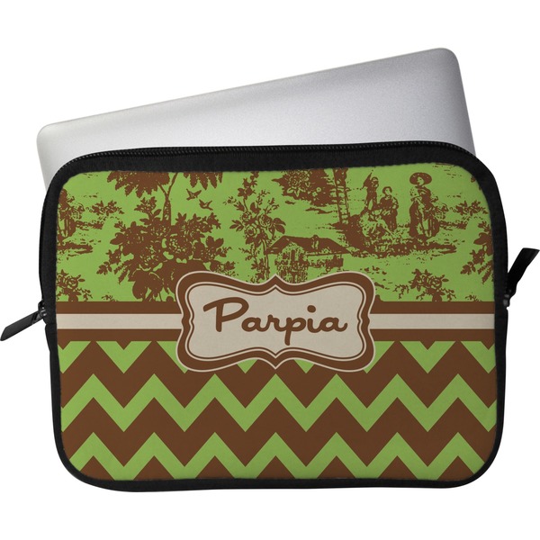 Custom Green & Brown Toile & Chevron Laptop Sleeve / Case - 15" (Personalized)