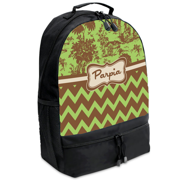Custom Green & Brown Toile & Chevron Backpacks - Black (Personalized)