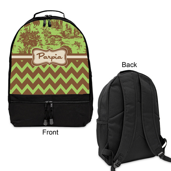Green & Brown Toile & Chevron Large Backpack - Black - Front & Back View