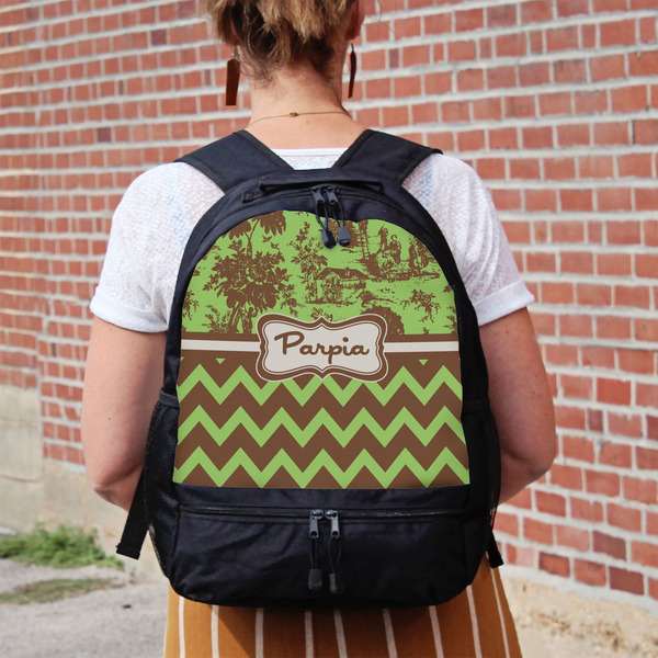 Green & Brown Toile & Chevron Large Backpack - Black - On Back