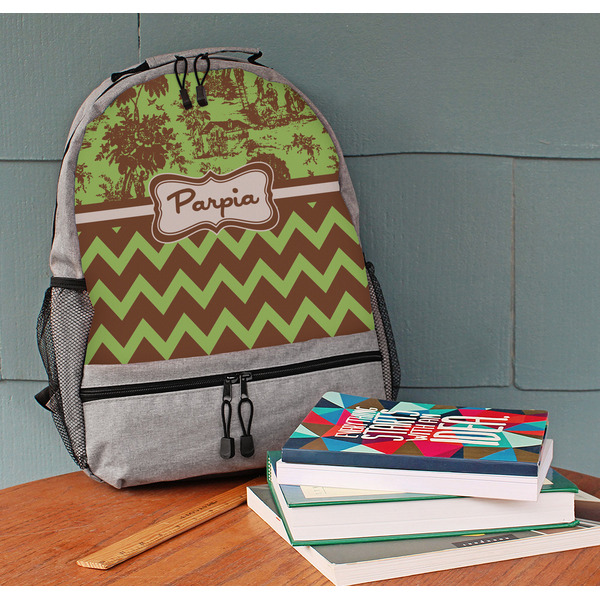 Green & Brown Toile & Chevron Large Backpack - Gray - On Desk