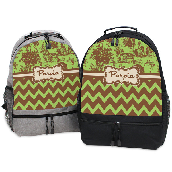 Green & Brown Toile & Chevron Large Backpacks - Both
