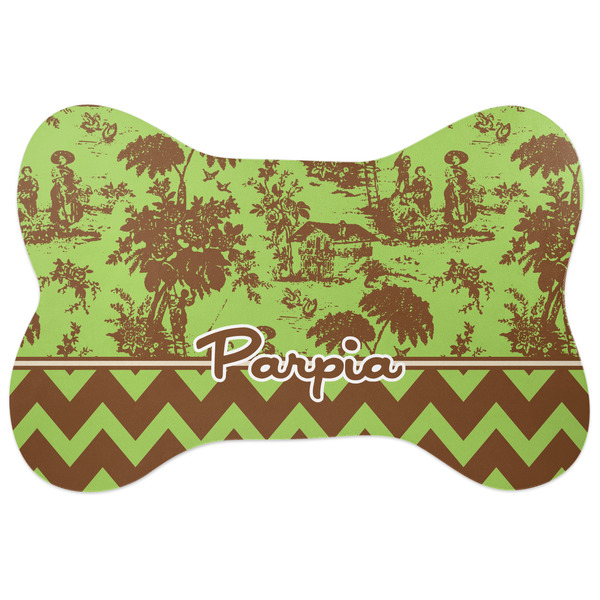 Custom Green & Brown Toile & Chevron Bone Shaped Dog Food Mat (Personalized)