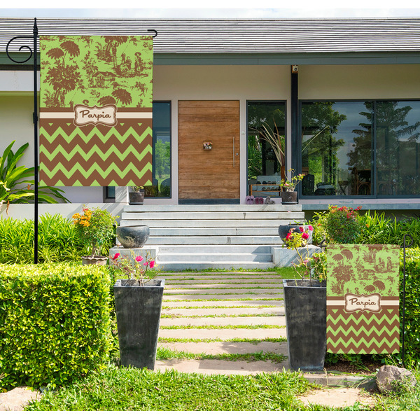 Custom Green & Brown Toile & Chevron Large Garden Flag - Single Sided (Personalized)