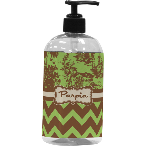 Custom Green & Brown Toile & Chevron Plastic Soap / Lotion Dispenser (Personalized)