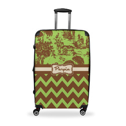 Green & Brown Toile & Chevron Suitcase - 28" Large - Checked w/ Name or Text