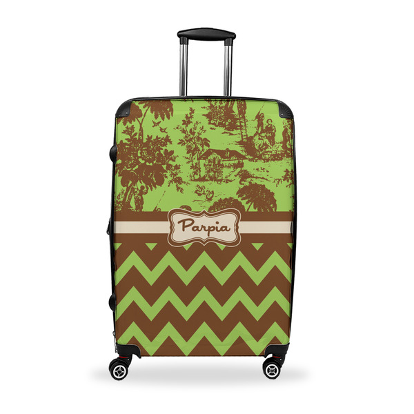 Custom Green & Brown Toile & Chevron Suitcase - 28" Large - Checked w/ Name or Text