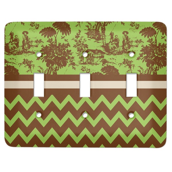 Custom Green & Brown Toile & Chevron Light Switch Cover (3 Toggle Plate)