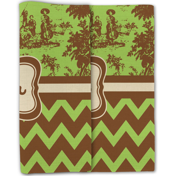 Green & Brown Toile & Chevron Linen Placemat - Folded Half (double sided)