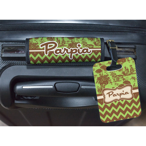 Green & Brown Toile & Chevron Luggage Wrap & Tag