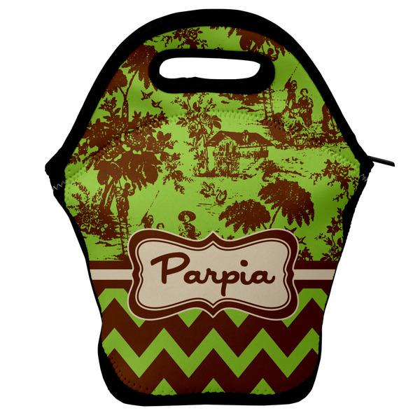 Custom Green & Brown Toile & Chevron Lunch Bag w/ Name or Text
