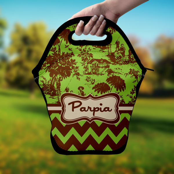 Green & Brown Toile & Chevron Lunch Bag - Hand