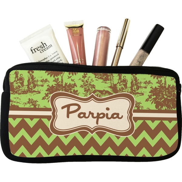 Custom Green & Brown Toile & Chevron Makeup / Cosmetic Bag - Small (Personalized)