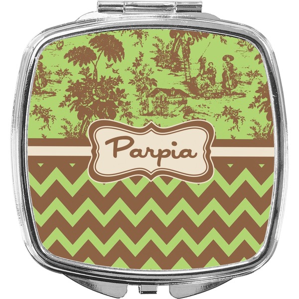 Custom Green & Brown Toile & Chevron Compact Makeup Mirror (Personalized)