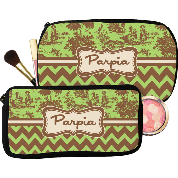 Green & Brown Toile & Chevron Makeup / Cosmetic Bags (Select Size)