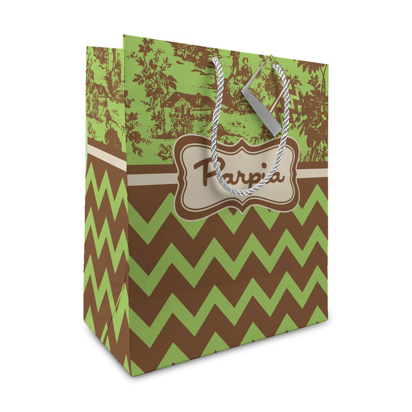Custom Green & Brown Toile & Chevron Medium Gift Bag (Personalized)