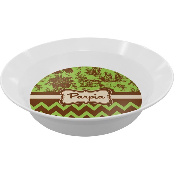 Custom Green & Brown Toile & Chevron Melamine Bowl (Personalized)