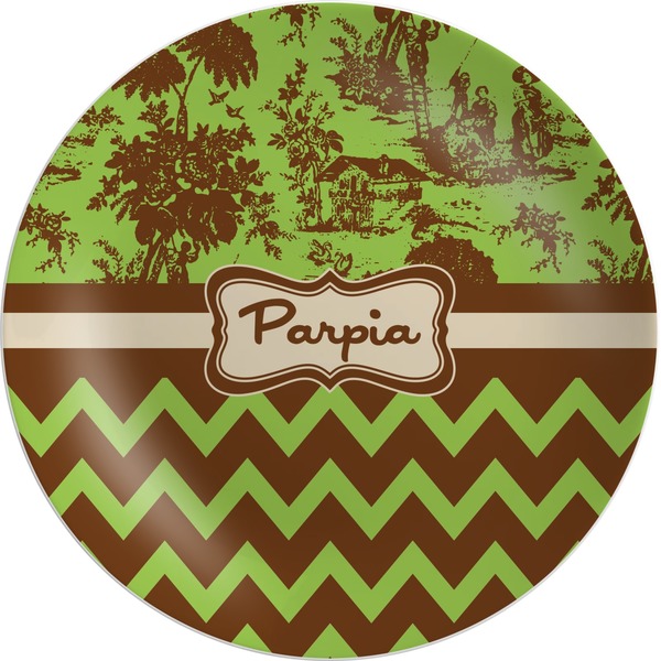 Custom Green & Brown Toile & Chevron Melamine Plate (Personalized)