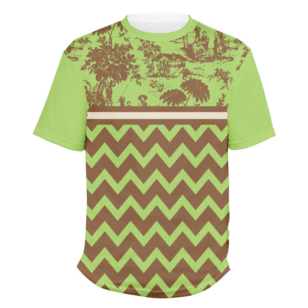 Custom Green & Brown Toile & Chevron Men's Crew T-Shirt - Medium