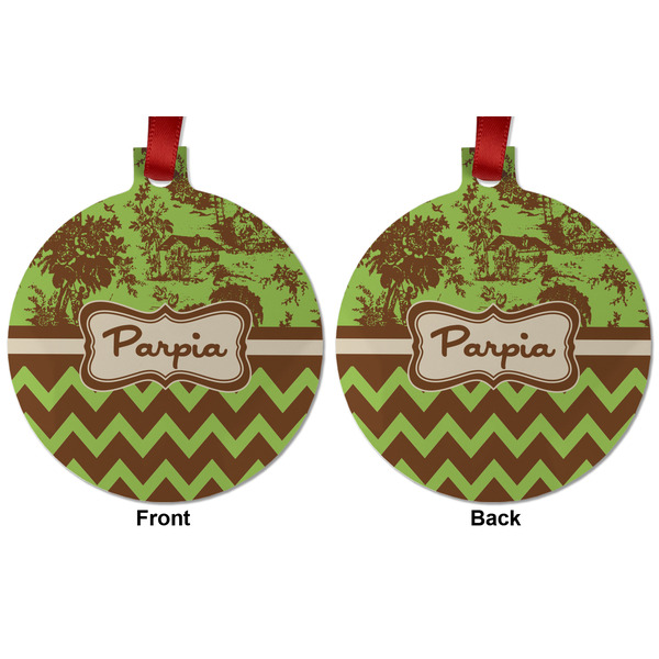 Green & Brown Toile & Chevron Metal Ball Ornament - Front and Back