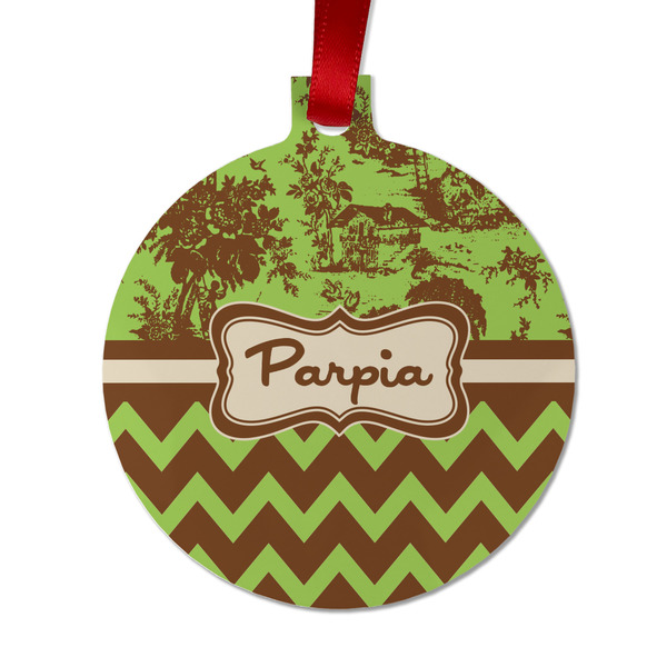 Custom Green & Brown Toile & Chevron Metal Ball Ornament - Double Sided w/ Name or Text