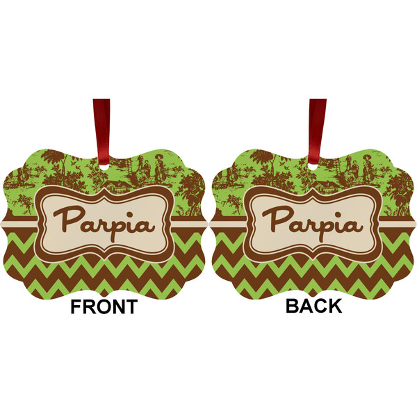 Green & Brown Toile & Chevron Metal Benilux Ornament - Front and Back (APPROVAL)