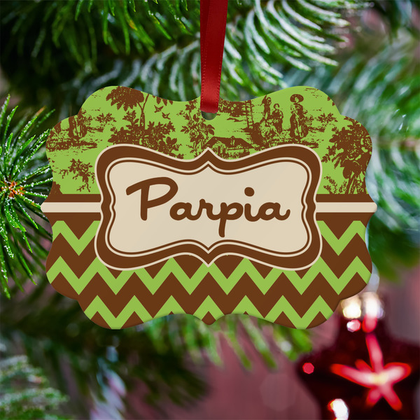 Green & Brown Toile & Chevron Metal Benilux Ornament - Lifestyle