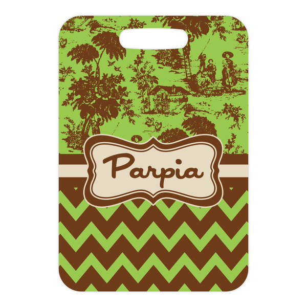 Green & Brown Toile & Chevron Metal Luggage Tag - Front Without Strap