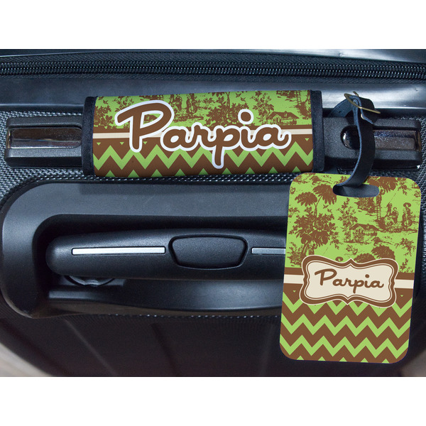 Green & Brown Toile & Chevron Metal Luggage Tag & Handle Wrap - In Context