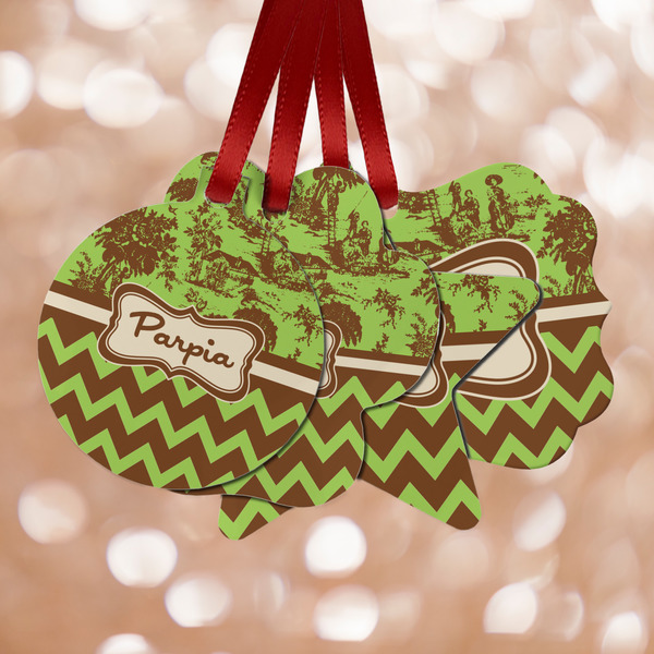 Custom Green & Brown Toile & Chevron Metal Ornaments - Double Sided w/ Name or Text