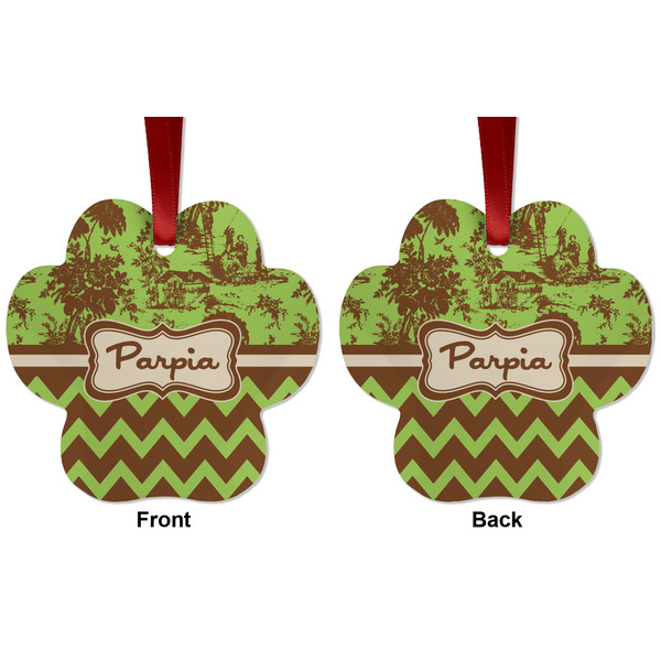 Green & Brown Toile & Chevron Metal Paw Ornament - Front and Back