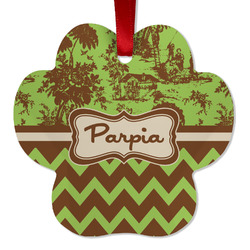 Green & Brown Toile & Chevron Metal Paw Ornament - Double Sided w/ Name or Text