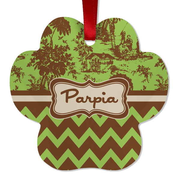 Custom Green & Brown Toile & Chevron Metal Paw Ornament - Double Sided w/ Name or Text