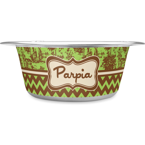 Custom Green & Brown Toile & Chevron Stainless Steel Dog Bowl - Large (Personalized)