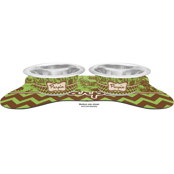 Green & Brown Toile & Chevron Metal Pet Bowls - On Dog Bone Shaped Mat