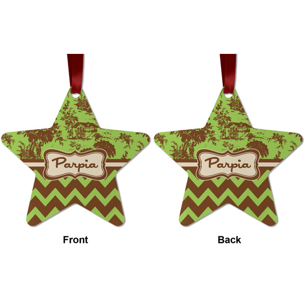 Green & Brown Toile & Chevron Metal Star Ornament - Front and Back