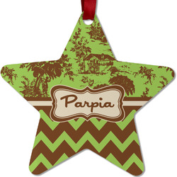 Green & Brown Toile & Chevron Metal Star Ornament - Double Sided w/ Name or Text