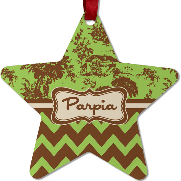 Custom Green & Brown Toile & Chevron Metal Star Ornament - Double Sided w/ Name or Text