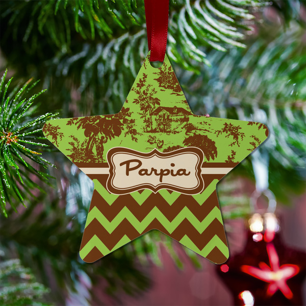 Green & Brown Toile & Chevron Metal Star Ornament - Lifestyle