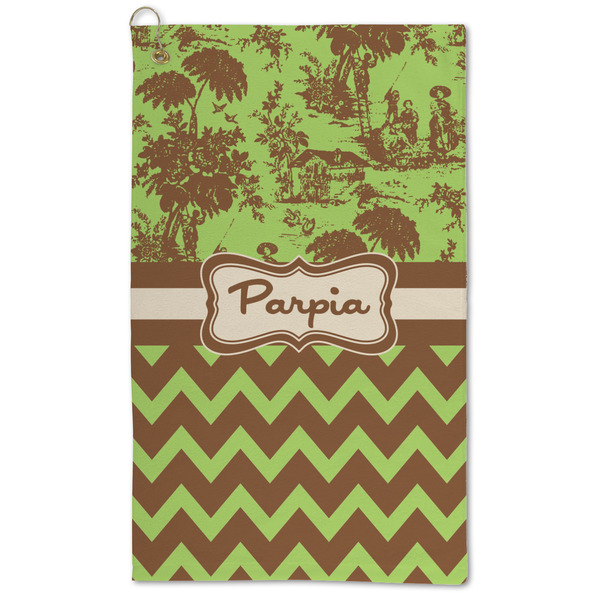 Custom Green & Brown Toile & Chevron Microfiber Golf Towel - Large (Personalized)
