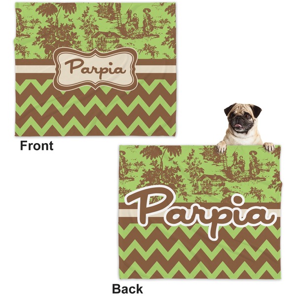 Green & Brown Toile & Chevron Microfleece Dog Blanket - Large- Front & Back
