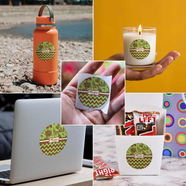 Green & Brown Toile & Chevron Multipurpose Round Labels - In Context