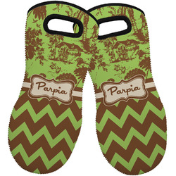 Green & Brown Toile & Chevron Neoprene Oven Mitts - Set of 2 w/ Name or Text