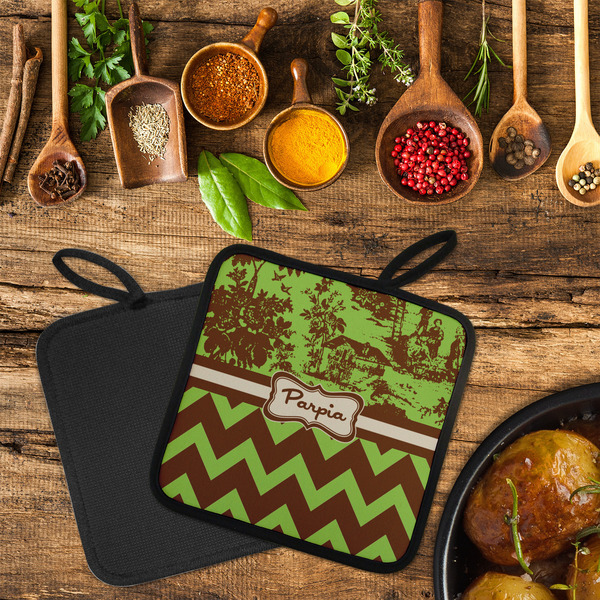Green & Brown Toile & Chevron Neoprene Pot Holder - Set of 2  LIFESTYLE (Flatlay)