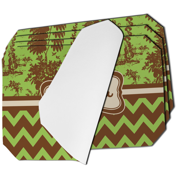 Custom Green & Brown Toile & Chevron Dining Table Mat - Octagon - Set of 4 (Single-Sided) w/ Name or Text