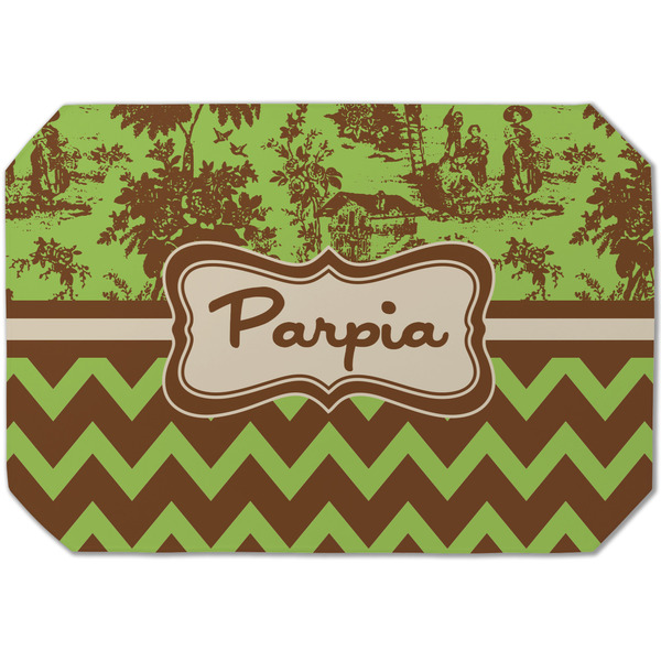 Custom Green & Brown Toile & Chevron Dining Table Mat - Octagon (Single-Sided) w/ Name or Text